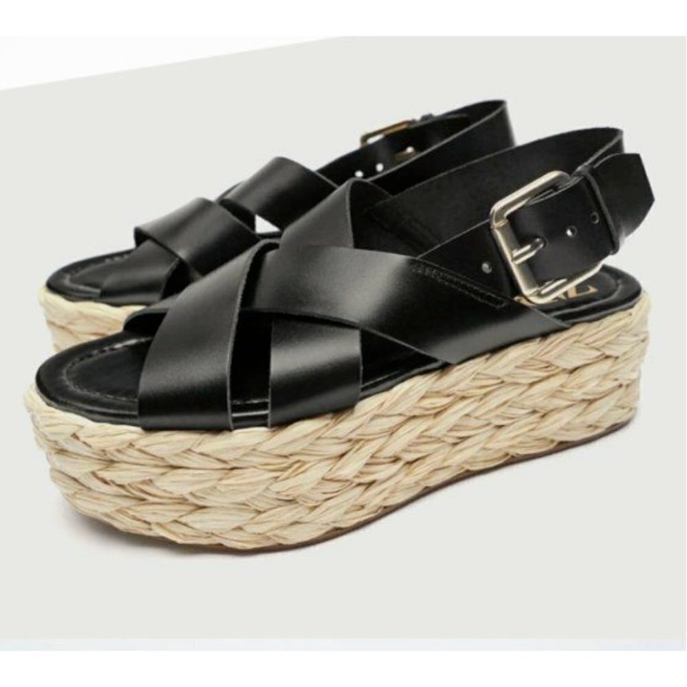NWT Zara Black Leather Strappy Flatform Platform Sandals  40